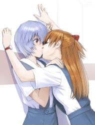 Rule 34 | 2girls, against wall, arm up, ayanami rei, bandaid, bandaid on hand, blue hair, blue skirt, blush, brown hair, buttons, colored eyelashes, from side, hair between eyes, hair ornament, hand on another&#039;s shoulder, hand up, high-waist skirt, holding another&#039;s wrist, kabedon, kiss, leaning forward, long hair, looking at another, multiple girls, neon genesis evangelion, pale skin, pleated skirt, profile, red eyes, school uniform, shadow, shirt, short hair, short sleeves, skirt, souryuu asuka langley, standing, surprised, suspender skirt, suspenders, two side up, upper body, watanabe yasuaki, watch, white shirt, wide-eyed, wristwatch, yuri