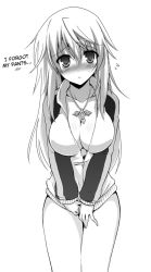 Rule 34 | 10s, 1girl, :&lt;, blush, bottomless, breasts, c.r., charlotte dunois, cleavage, covering privates, covering crotch, hard-translated, infinite stratos, jacket, jewelry, long hair, monochrome, necklace, no pants, open clothes, open shirt, shirt, solo, third-party edit, track jacket, translated, zipper