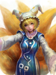 Rule 34 | 1girl, bad id, bad pixiv id, blonde hair, blush, curvy, face, female focus, fox tail, green eyes, hat, highres, lips, multiple tails, occult soda, outstretched arms, short hair, smile, solo, spread arms, tail, touhou, yakumo ran