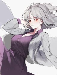 Rule 34 | 1girl, arm up, braid, breasts, cleavage, commentary, cowboy shot, dress, french braid, grey background, grey jacket, half updo, hand in own hair, heoningu, highres, jacket, kishin sagume, large breasts, long sleeves, looking at viewer, open clothes, open jacket, parted lips, purple dress, red eyes, short hair, silver hair, simple background, solo, symbol-only commentary, touhou
