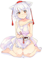 Rule 34 | 1girl, animal ears, apron, bare shoulders, barefoot, breasts, chopsticks, closed mouth, commentary request, food, full body, hat, holding, inubashiri momiji, large breasts, looking at viewer, meat, naked apron, off shoulder, orange eyes, pom pom (clothes), puuakachan, red hat, saucer, simple background, sitting, solo, soy sauce, tail, tassel, tokin hat, touhou, wariza, wavy mouth, white apron, white background, white hair, wolf ears, wolf tail