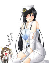Rule 34 | 10s, 2girls, :d, ahoge, belt, between legs, black hair, blush, breasts, brown eyes, brown hair, burning love (phrase), camisole, collarbone, detached sleeves, female admiral (kancolle), hair bun, hairband, hand between legs, hand on own hip, hat, headgear, heart, heart ahoge, highres, kantai collection, kongou (kancolle), large breasts, long hair, multiple girls, niwatazumi, nontraditional miko, one eye closed, open mouth, ribbon-trimmed sleeves, ribbon trim, seiza, single hair bun, sitting, smile, tatebayashi sakurako, tears, torn clothes, translated, very long hair, white background
