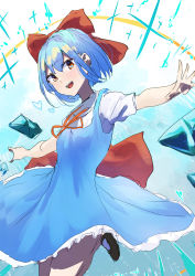 Rule 34 | 1girl, 38 (sanjuuhachi), back bow, bare legs, blue background, blue dress, blue hair, bow, brown footwear, cirno, commentary request, dress, hair bow, heart, highres, looking at viewer, neck ribbon, open mouth, outstretched arms, pinafore dress, red bow, red eyes, red ribbon, ribbon, shirt, short hair, short sleeves, sleeveless dress, smile, solo, teeth, touhou, upper teeth only, white background, white shirt