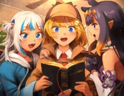 Rule 34 | 3girls, bible (object), black hair, blonde hair, blue eyes, blue hair, blue nails, blunt bangs, blush, book, brown coat, brown headwear, coat, collared shirt, commentary, detached sleeves, english commentary, gawr gura, gawr gura (1st costume), gloves, hair flaps, hair ornament, holding, holding book, hololive, hololive english, hood, hoodie, khyle., long hair, looking at another, multicolored hair, multiple girls, nail polish, necktie, ninomae ina&#039;nis, one side up, open mouth, purple eyes, reading, red necktie, shark hair ornament, sharp teeth, shirt, short hair, sidelocks, streaked hair, teeth, tentacle hair, two-tone hair, upper body, virtual youtuber, watson amelia, white hair