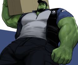 Rule 34 | 1boy, bara, baseball cap, beard, box, bulge, cardboard box, cargo pants, carrying over shoulder, colored skin, cowboy shot, delivery, dopey (dopq), expressionless, facial hair, from below, full beard, green skin, hat, highres, holding, holding box, huge pectorals, looking at viewer, male focus, mature male, monster boy, muscular, muscular male, orc, original, package, paid reward available, pants, pointy ears, short hair, solo, sparse arm hair, strongman waist, thick beard, thick eyebrows, thick thighs, thighs
