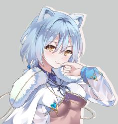 Rule 34 | 1girl, animal ear fluff, animal ears, braid, breasts, capelet, cat ears, character request, closed mouth, commentary request, fur collar, fur trim, grey background, hair between eyes, hand up, highres, iroha (unyun), jewelry, lavie (pride of eden), long sleeves, looking at viewer, medium hair, red: pride of eden, see-through, silver hair, simple background, smile, solo, tongue, tongue out, underboob, upper body, yellow eyes