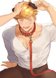 Rule 34 | 1boy, 1other, animal collar, animal ears, bara, blonde hair, blush, brown pants, closed eyes, collar, collarbone, covered abs, granblue fantasy, green eyes, hand up, headpat, higashigunkan, large pectorals, laughing, long sleeves, looking at viewer, male focus, manly, muscular, open clothes, open mouth, pants, pectoral cleavage, pectorals, pet play, shirt, solo, toned, toned male, upper body, v-neck, vane (granblue fantasy), white background, white shirt