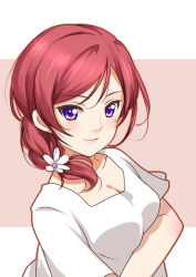 Rule 34 | 10s, 1girl, absurdres, braid, breasts, cleavage, clouble, flower, highres, looking at viewer, love live!, love live! school idol project, md5 mismatch, nishikino maki, purple eyes, red hair, shirt, short hair, single braid, smile, solo, white flower, white shirt