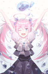 Rule 34 | !, 1girl, ;d, ahoge, arms up, black dress, blue eyes, bow, commentary, dress, fang, floating hair, grey bow, hair bow, highres, jewelry, long hair, looking at viewer, looking up, milim nava, necklace, one eye closed, open mouth, outstretched arms, pink hair, rimuru tempest, short sleeves, smile, standing, sylvarin, tensei shitara slime datta ken, twitter username, very long hair, white background