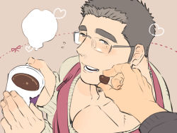 Rule 34 | 2boys, apron, bara, blush, coffee mug, couple, cup, glasses, heart, holding, holding cup, kijima hyogo, large pectorals, long sideburns, looking at viewer, male focus, mole, mole under eye, motoori shiro, mug, multiple boys, muscular, muscular male, pectoral cleavage, pectorals, pov, protagonist 3 (housamo), red apron, short hair, sideburns, solo focus, spiked hair, sweater, thick eyebrows, tokyo houkago summoners, yaoi