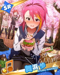 Rule 34 | 10s, 3girls, beamed quavers, burger, card (medium), casual, character name, character signature, cherry blossoms, food, hanami, hands on own cheeks, hands on own face, idolmaster, idolmaster million live!, jacket, jewelry, julia (idolmaster), kebab, letterman jacket, maihama ayumu, multicolored hair, multiple girls, musical note, nagayoshi subaru, necklace, official art, open mouth, pants, pantyhose, picnic, picnic basket, plaid, plaid pants, shoes, unworn shoes, signature, streaked hair, thighhighs, wavy mouth