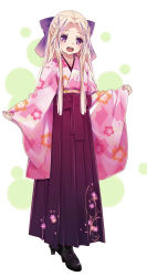 Rule 34 | 1girl, 54hao, :d, black footwear, blonde hair, boots, bow, brown hakama, cross-laced footwear, floral print, forehead, full body, hair bow, hair ornament, hakama, hakama skirt, high heel boots, high heels, highres, japanese clothes, kimono, lace-up boots, long hair, long sleeves, looking at viewer, open mouth, original, parted bangs, pinching sleeves, pink kimono, print hakama, print kimono, purple bow, red eyes, sidelocks, skirt, sleeves past wrists, smile, solo, standing, teeth, upper teeth only, white background, wide sleeves, x hair ornament
