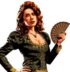 Rule 34 | 1girl, breasts, cleavage, dress, green dress, hand fan, hand on own hip, highres, jewelry, looking at viewer, looking to the side, medium breasts, medium hair, molly o&#039;shea, necklace, official art, orange hair, red dead redemption 2, simple background, solo, transparent background, upper body