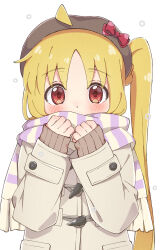 Rule 34 | 1girl, absurdres, ahoge, alternate costume, blonde hair, blush, bocchi the rock!, brown coat, choppy bangs, coat, commentary request, covering own mouth, detached ahoge, hands up, highres, ijichi nijika, looking at viewer, mimori (mimori 05), parted bangs, purple scarf, red eyes, scarf, side ponytail, simple background, solo, upper body, white background, white stripes, winter clothes, winter coat