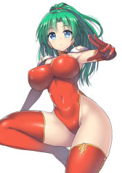 Rule 34 | 1990s (style), 1girl, blue eyes, bodysuit, boots, breasts, covered erect nipples, covered navel, earrings, elbow gloves, eyebrows, final fantasy, final fantasy vi, gloves, green hair, hair bobbles, hair ornament, impossible clothes, jewelry, large breasts, leotard, nagase haruhito, ponytail, red gloves, red thighhighs, retro artstyle, simple background, solo, thigh boots, thighhighs, tina branford, white background