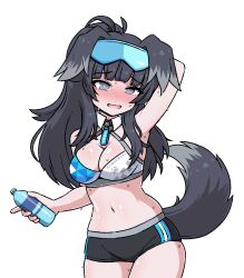 Rule 34 | 1girl, adapted costume, animal ears, arm up, armpits, bare shoulders, black buruma, black hair, blue archive, blush, bottle, breasts, buruma, cleavage, crop top, dog ears, dog girl, dog tail, eyewear on head, grey eyes, gym uniform, halo, hibiki (blue archive), hibiki (cheer squad) (blue archive), highres, holding, holding bottle, ink (inksgirls), long hair, looking at viewer, medium breasts, millennium cheerleader outfit (blue archive), navel, nose blush, official alternate costume, solo, sweat, tail, water bottle, white background