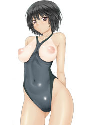 Rule 34 | 1girl, amagami, black eyes, black hair, breasts, breasts out, competition swimsuit, kutani, nanasaki ai, navel, nipples, one-piece swimsuit, one-piece tan, puffy nipples, short hair, simple background, solo, swimsuit, tan, tanline, white background