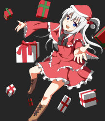 Rule 34 | 1girl, boots, bow, box, capelet, christmas, female focus, frills, gift, gift box, hair bobbles, hair ornament, highres, legs, long hair, mystic square, santa costume, shinki (touhou), side ponytail, silver hair, simple background, skirt, solo, toho-77, touhou, touhou (pc-98)