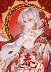 1girl absurdres amiably_02 breasts chinese_commentary cleavage colored_skin commentary_request durga_(fate) durga_(first_ascension)_(fate) earrings fate/grand_order fate_(series) hair_ribbon highres jewelry large_breasts long_hair red_eyes red_skin ribbon snake snake_wrapped_around_neck white_hair