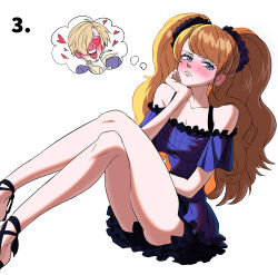 Rule 34 | 1girl, alternate costume, blonde hair, blue eyes, blush, breasts, brown hair, charlotte pudding, cigarette, cleavage, closed mouth, collarbone, commentary, cross-laced footwear, crossed legs, curly eyebrows, curly hair, detached sleeves, dress, earrings, english commentary, facial hair, full-face blush, hair ornament, hair over one eye, hand rest, head rest, heart, jewelry, long hair, lovestruck, medium breasts, one piece, purple dress, rita ya, sandals, sanji (one piece), simple background, sitting, thighs, thought bubble, twintails, two-tone dress, white background