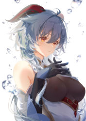 Rule 34 | 1girl, absurdres, ahoge, bare shoulders, black gloves, blue hair, bodice, bodystocking, bodysuit, bodysuit under clothes, breasts, brown bodysuit, clouble, covered erect nipples, detached collar, detached sleeves, from side, ganyu (genshin impact), genshin impact, gloves, goat horns, hair between eyes, hands up, highres, horns, interlocked fingers, long hair, looking to the side, medium breasts, orange eyes, see-through, sidelocks, simple background, solo, upper body, water drop, white background