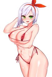 Rule 34 | 1girl, absurdres, asymmetrical bangs, audrey dreamweaver, bikini, blush, breasts, green eyes, hair ribbon, highres, jjehong, large breasts, last origin, looking at viewer, navel, open mouth, red bikini, ribbon, short hair, silver hair, simple background, smile, solo, swimsuit, thighs, white background