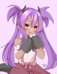 Rule 34 | 100 percent orange juice, 1girl, bare shoulders, bow, commentary, dark-skinned female, dark skin, gloves, grey gloves, highres, horns, long hair, looking at viewer, lulu (orange juice), off-shoulder shirt, off shoulder, parted lips, pointy ears, purple background, purple hair, quad tails, red eyes, red skirt, shirt, short sleeves, sidelocks, signature, simple background, skirt, solo, standing, suspender skirt, suspenders, tail, thick eyebrows, u amy1207, white shirt