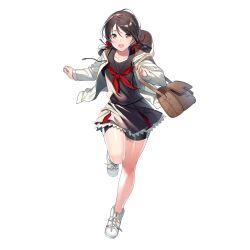Rule 34 | 1girl, artist request, bag, bare legs, bike shorts, black hair, black sailor collar, black serafuku, black shorts, black skirt, collarbone, cross-laced footwear, drawstring, final gear, full body, hair between eyes, hair ribbon, highres, hood, hooded jacket, jacket, knot, long hair, long sleeves, neckerchief, no socks, official art, open mouth, pleated skirt, red neckerchief, red ribbon, ribbon, running, sailor collar, school uniform, serafuku, shoes, shorts, simple background, skirt, smile, sneakers, solo, stella (final gear), striped collar, tachi-e, third-party source, transparent background, twintails, white footwear, white hood, white jacket, white sleeves, yellow eyes