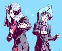 Rule 34 | 2boys, aqua eyes, aqua hair, bad id, bad pixiv id, black jacket, blue background, business suit, clenched hand, collared shirt, formal, hair over one eye, jacket, long sleeves, multiple boys, necktie, open mouth, pegasus j crawford, pink neckwear, red neckwear, shirt, silver hair, simple background, star (symbol), suit, tenma yako, tsuukounin a, upper body, white shirt, yu-gi-oh!, yu-gi-oh! r