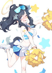 Rule 34 | 1girl, animal ears, ataruman, bare arms, bare shoulders, black hair, blue archive, blue eyes, blush, breasts, cheerleader, clothes writing, commentary, crop top, dog ears, dog girl, dog tail, english commentary, extra ears, fang, goggles, goggles on head, halo, hibiki (blue archive), hibiki (cheer squad) (blue archive), highres, long hair, looking at viewer, medium breasts, midriff, millennium cheerleader outfit (blue archive), one eye closed, open mouth, paid reward available, pom pom (cheerleading), ponytail, shoes, skin fang, skirt, sleeveless, sneakers, solo, standing, standing on one leg, star (symbol), tail, white footwear