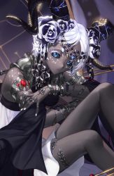Rule 34 | 1girl, armlet, beads, black sclera, blue eyes, bracelet, close-up, colored eyelashes, colored sclera, colored skin, constellation print, dress, fantasy, flower, gem, grey skin, hair flower, hair ornament, hong mil, horns, jewelry, looking at viewer, original, petals, ring, shawl, short hair, shoulder tattoo, solo, tattoo, thighlet, white dress, white hair
