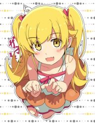 Rule 34 | 1girl, bad id, bad twitter id, bakemonogatari, blonde hair, blush stickers, collarbone, dress, eyebrows, fang, fangs, food, from above, jpeg artifacts, long hair, looking at viewer, looking up, monogatari (series), ogipote, open mouth, oshino shinobu, pointy ears, solo, white dress, yellow eyes