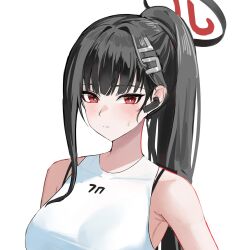 Rule 34 | 1girl, black hair, blue archive, blunt bangs, blush, breasts, closed mouth, hair ornament, hairclip, halo, hee (user ykux4248), high ponytail, highres, large breasts, long hair, ponytail, red eyes, rio (blue archive), simple background, solo, sports bra, sportswear, standing, upper body, white background, white sports bra
