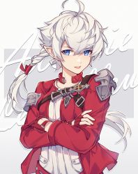 Rule 34 | 1girl, 9yuki, absurdres, alisaie leveilleur, belt, blouse, blue eyes, braid, character name, chest belt, crossed arms, earclip, elezen, elf, final fantasy, final fantasy xiv, fingerless gloves, gloves, hair ribbon, highres, jacket, long hair, looking at viewer, o-ring, o-ring belt, pointy ears, ponytail, red gloves, red jacket, ribbon, shirt, single braid, smile, solo, square enix, two-tone background, white background, white hair, white shirt