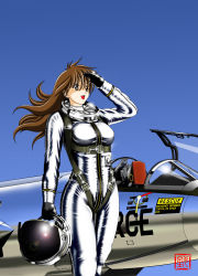 Rule 34 | 1girl, aircraft, airplane, bad id, bad pixiv id, brown eyes, brown hair, chuck yeager, cockpit, ejection seat, f-104 starfighter, flight helmet, geitassha, genderswap, genderswap (mtf), gloves, gradient background, unworn headwear, helmet, unworn helmet, highres, jet, lens flare, long hair, looking to the side, military, open mouth, pilot, pilot suit, real life, salute, signature, the right stuff, united states, united states air force