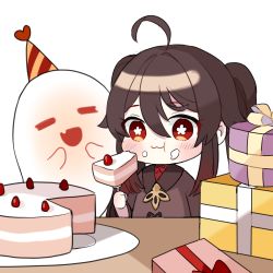 Rule 34 | 1girl, :d, :t, = =, ahoge, black hair, blush, box, brown hair, cake, cake slice, closed mouth, eating, closed eyes, fang, flower-shaped pupils, food, food on face, fork, genshin impact, ghost, gift, gift box, gradient hair, hat, heart, holding, holding fork, hu tao (genshin impact), long hair, miyako draw, multicolored hair, open mouth, party hat, red eyes, simple background, smile, solo, symbol-shaped pupils, twintails, wavy mouth, white background
