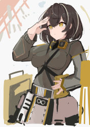 Rule 34 | 1girl, absurdres, arknights, asususususu, breasts, brown hair, brown shirt, commentary request, covered erect nipples, cowboy shot, elite ii (arknights), hair between eyes, hand on own hip, hand to head, highres, large breasts, looking afar, magallan (arknights), magallan (elite ii) (arknights), mask, mask around neck, multicolored hair, rhine lab logo, shirt, short hair, sketch, solo, streaked hair, theodolite, white hair
