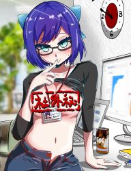 Rule 34 | 1girl, a-chan (hololive), analog clock, black-framed eyewear, black shirt, blue bow, blue hair, blue pants, blurry, blurry background, blush, bow, breasts, can, censored, censored by text, censored nipples, clock, closed mouth, clothes lift, commentary, computer, cowboy shot, denim, drink, finger to mouth, glasses, hair bow, highres, hololive, id card, ikiri nezumi, index finger raised, indoors, jeans, lanyard, laptop, lifted by self, lips, looking at viewer, medium breasts, naughty face, navel, no bra, office, open fly, pants, seductive smile, shirt, shirt lift, short hair, smile, solo, stomach, sweatdrop, t-shirt, virtual youtuber