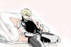 Rule 34 | 1boy, blonde hair, blush, cum, erection, genos, handjob, male focus, masturbation, nao(artist), one-punch man, partially colored, penis, solo, tagme, tears