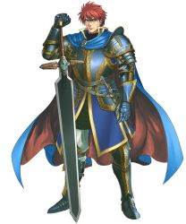 Rule 34 | 1boy, amiba (nerdamiba), armor, blue eyes, breastplate, cape, chainmail, dagger, durandal (fire emblem), eliwood (fire emblem), fire emblem, fire emblem: the blazing blade, gauntlets, greaves, highres, knife, male focus, nintendo, ornate armor, red hair, transparent background, weapon