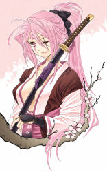Rule 34 | 1girl, amputee, arc system works, armor, baiken, between breasts, bibyo, bow, branch, breasts, eyelashes, facial tattoo, female focus, flower, guilty gear, hair bow, japanese armor, japanese clothes, kataginu, katana, kimono, kote, large breasts, lips, long hair, obi, one-eyed, pink eyes, pink hair, ponytail, sash, scar, scar across eye, scar on face, smile, solo, sword, tattoo, weapon