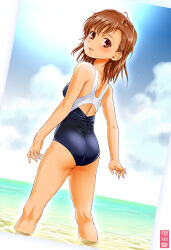 Rule 34 | 1girl, arms at sides, ass, back, beach, black one-piece swimsuit, blush, border, breasts, brown eyes, brown hair, checkered background, cloud, cloudy sky, cowboy shot, day, dutch angle, female focus, from behind, light smile, looking at viewer, looking back, maira gen, medium hair, misaka mikoto, one-piece swimsuit, open hands, parted bangs, parted lips, partially submerged, school swimsuit, sideboob, signature, sky, small breasts, solo, standing, sun, swimsuit, tan, thighs, toaru kagaku no railgun, toaru majutsu no index, tokiwadai school swimsuit, two-tone swimsuit, water, white border