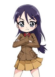 Rule 34 | 1girl, absurdres, black eyes, black hair, brown jacket, chi-hatan military uniform, closed mouth, commentary, cowboy shot, crossed arms, frown, girls und panzer, hair ribbon, highres, jacket, kubota rin, long hair, long sleeves, looking at viewer, low-tied long hair, military, military uniform, miniskirt, pleated skirt, ribbon, simple background, skirt, solo, standing, transparent background, uniform, v-shaped eyes, white background, white ribbon, yamakake (tororo1293), yellow skirt