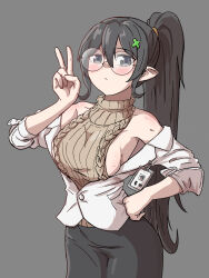 Rule 34 | black eyes, black hair, black pants, breasts, brown sweater, glasses, grey background, hair between eyes, hair ornament, hand on own hip, highres, hilde (trickcal), id card, large breasts, long hair, looking at viewer, pabenia, pants, partially unbuttoned, ponytail, ribbed sweater, shirt, sideboob, sweater, trickcal, turtleneck, v, very long hair, white shirt, x hair ornament