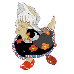 Rule 34 | 1other, alternate costume, animal ears, apios, bad id, bad pixiv id, black dress, blush stickers, bow, dress, floral print, furry, grey hair, hands up, horizontal pupils, long hair, made in abyss, nanachi (made in abyss), open mouth, orange bow, red footwear, unworn shoe, shoes, unworn shoes, short sleeves, simple background, single shoe, sketch, solo, sweat, tail, whiskers, white background, yellow eyes