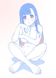 Rule 34 | 1girl, barefoot, blue hair, blunt bangs, blush, breasts, cleavage, completely nude, hair ornament, hairclip, highres, indian style, long hair, looking at viewer, matatabeat, multicolored hair, navel, nude, original, parted lips, red eyes, red hair, sitting, solo, two-tone hair