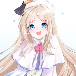 Rule 34 | 1girl, :d, beret, blue eyes, bow, cape, commentary, eyelashes, eyes visible through hair, fang, happy, hat, heart, highres, light blush, light brown hair, little busters!, little busters! school uniform, long hair, looking at viewer, noumi kudryavka, open mouth, parted bangs, pink bow, school uniform, sidelocks, simple background, skin fang, smile, solo, straight hair, tareme, tree99120, upper body, very long hair, white background, white cape, white hat