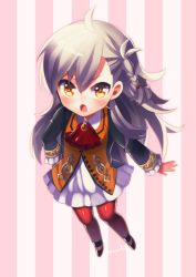 Rule 34 | 1girl, ahoge, blush, chibi, d:, fate/grand order, fate (series), frilled sleeves, frills, full body, highres, olga marie animusphere, open mouth, pantyhose, sentaku nori, silver hair, solo, striped, striped background, vertical stripes, yellow eyes