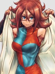 Rule 34 | 1girl, android 21, arms up, black-framed eyewear, blue eyes, breasts, brown hair, checkered clothes, checkered dress, closed mouth, coat, collarbone, commentary request, curly hair, detached sleeves, dragon ball, dragon ball fighterz, dress, earrings, flat color, glasses, grey background, holding, holding clothes, holding coat, hoop earrings, jewelry, kemachiku, lab coat, long hair, medium breasts, sleeveless, sleeveless dress, solo, two-tone dress, upper body, very long hair, white coat