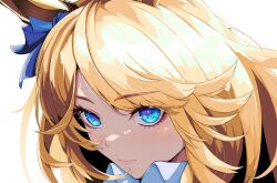 Rule 34 | 1girl, animal ears, blonde hair, blue eyes, blue ribbon, bow, close-up, commentary request, ear ribbon, gold city (umamusume), horse ears, horse girl, kama o nu, long hair, looking at viewer, partial commentary, ribbon, simple background, solo, swept bangs, umamusume, white background